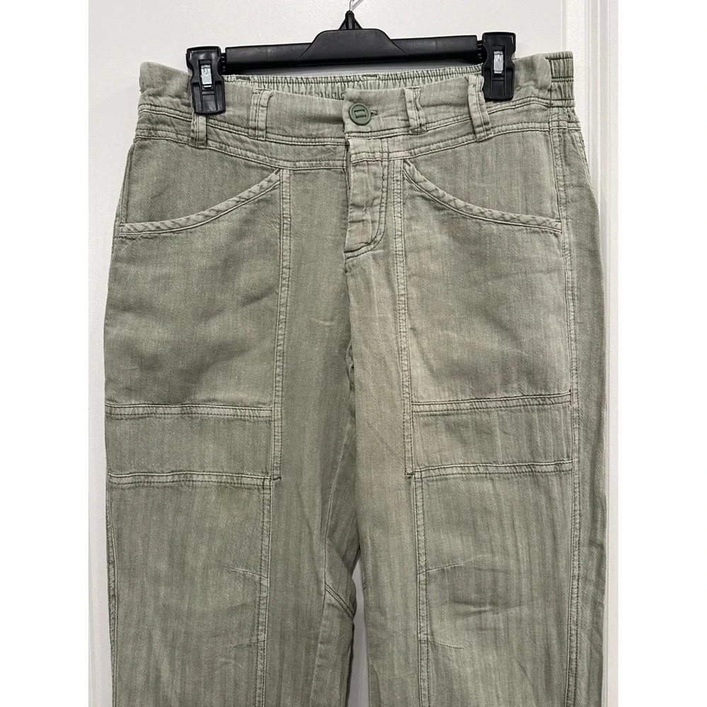 Free People Women Small Sage Green Herringbone‎ Linen Cotton Blend Utility Pants